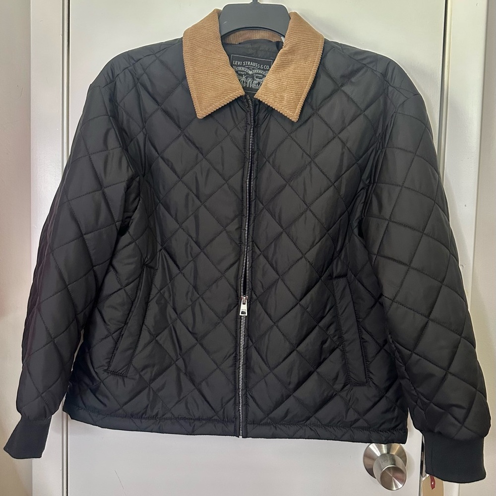 Black Quilted Jacket with Tan Collar